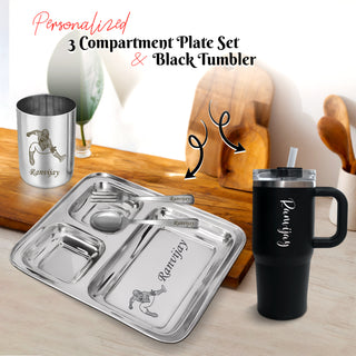 Kids Combo Set – Customized 3-Compartment Steel Plate with Name & Cartoon Design with Name Engraved 500 ml Mini Straw Tumbler
