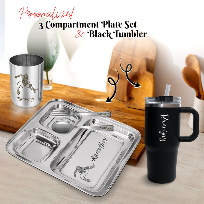 Kids Combo Set – Customized 3-Compartment Steel Plate with Name & Cartoon Design with Name Engraved 500 ml Mini Straw Tumbler