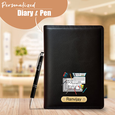 Customized Black Leather Diary with Coloured Logo Embossed & Name Engraved Pen.