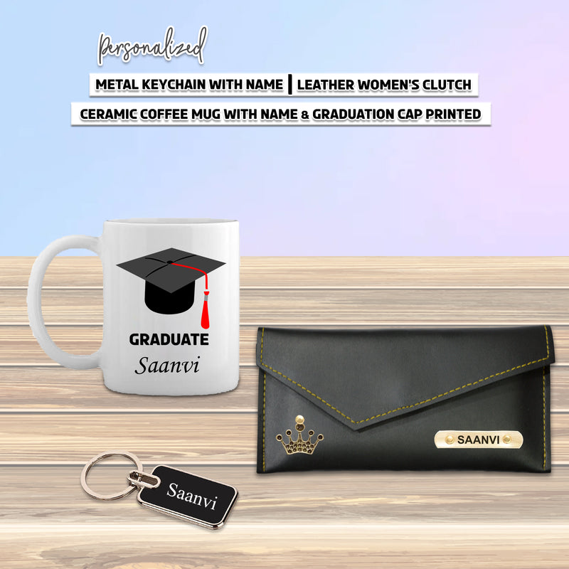 Graduation Gift Combo for Women- Custom Clutch, Keychain & Mug