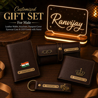 Customized Men's Gift 5 Pcs Combo Set with Leather Combo 4 Set and a Led Acrylic Name Frame.