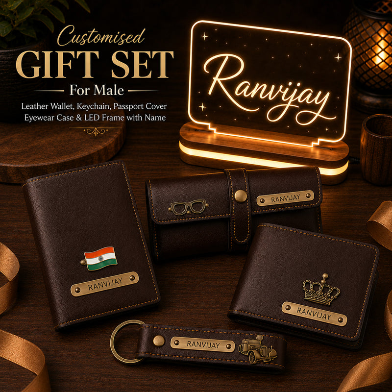 Customized Men's Gift 5 Pcs Combo Set with Leather Combo 4 Set and a Led Acrylic Name Frame.