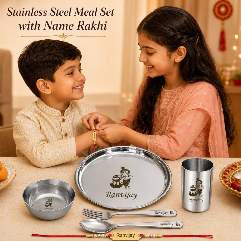 Customized Stainless Steel Kids Meal Set with Name Engraved Rakhi