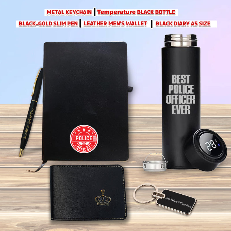 Police Set NP- Pen, Keychain, Bottle, Diary with 'Best Police Officer Ever' Engraved, Wallet with King Charm