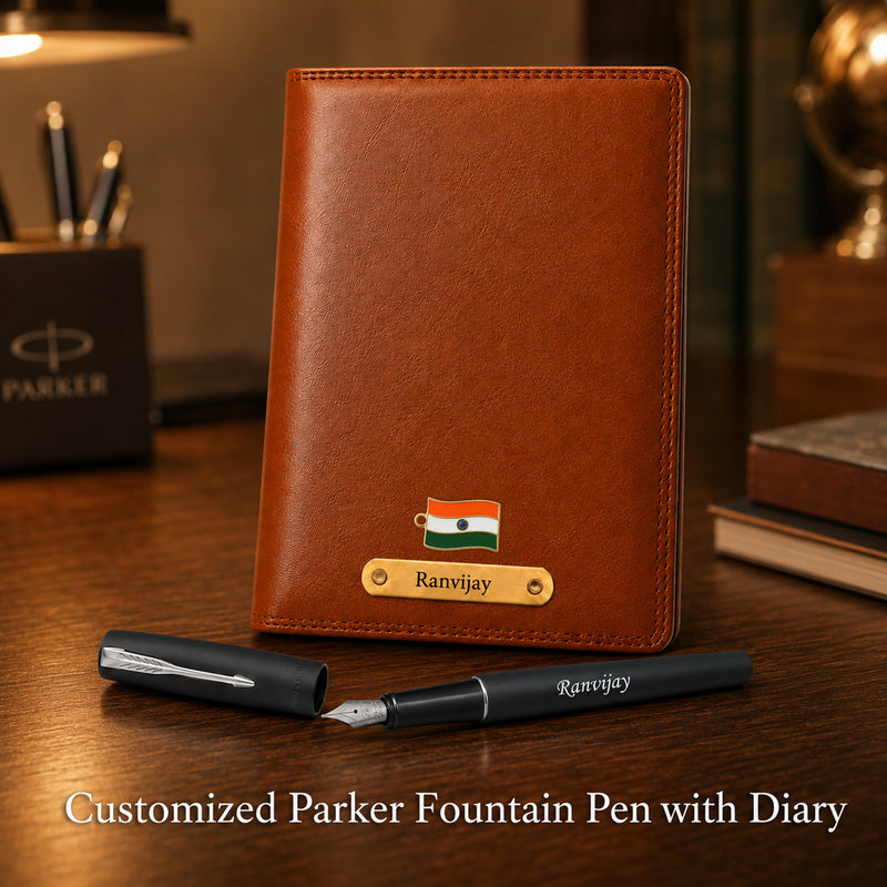 Customized Brown Diary & Branded Parker Fountain Pen Gift Set with Name Engraved.