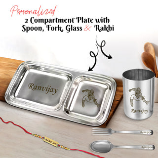 Rakshabandhan Gift Combo – 2 Compartment Steel Plate Set with Custom Foil Rakhi