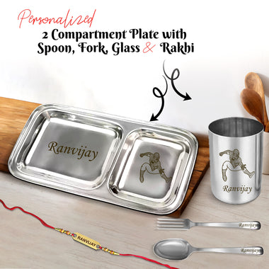 Rakshabandhan Gift Combo – 2 Compartment Steel Plate Set with Custom Foil Rakhi