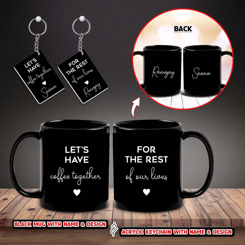 Anniversary Combo – Black Patch Mug & Keychain (Set of 2) with Let's Have Coffee Together Quote & Custom Name Printed.