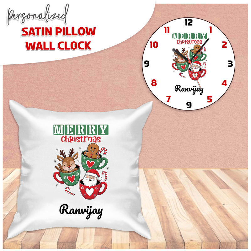 Custom Christmas Gift Set - Satin Cushion & Wall Clock with Name.