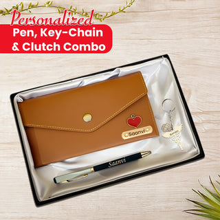 Personalized Pen, Keychain & Clutch Combo with Engraved Name – Gift for Women