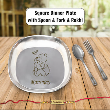 Rakhi Gift Combo – Personalized Square Plate Set with Foil Rakhi.
