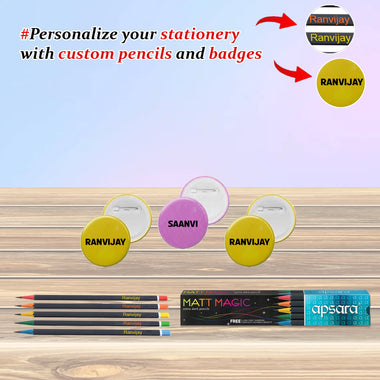 Customized Name Engraved Pencils and 3 Name Printed Badges- Ideal for School