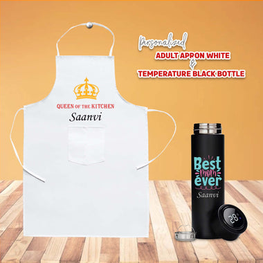 Mother's Day Set – 'Best Mom Ever' Bottle & Queen of Kitchen Apron with Name.