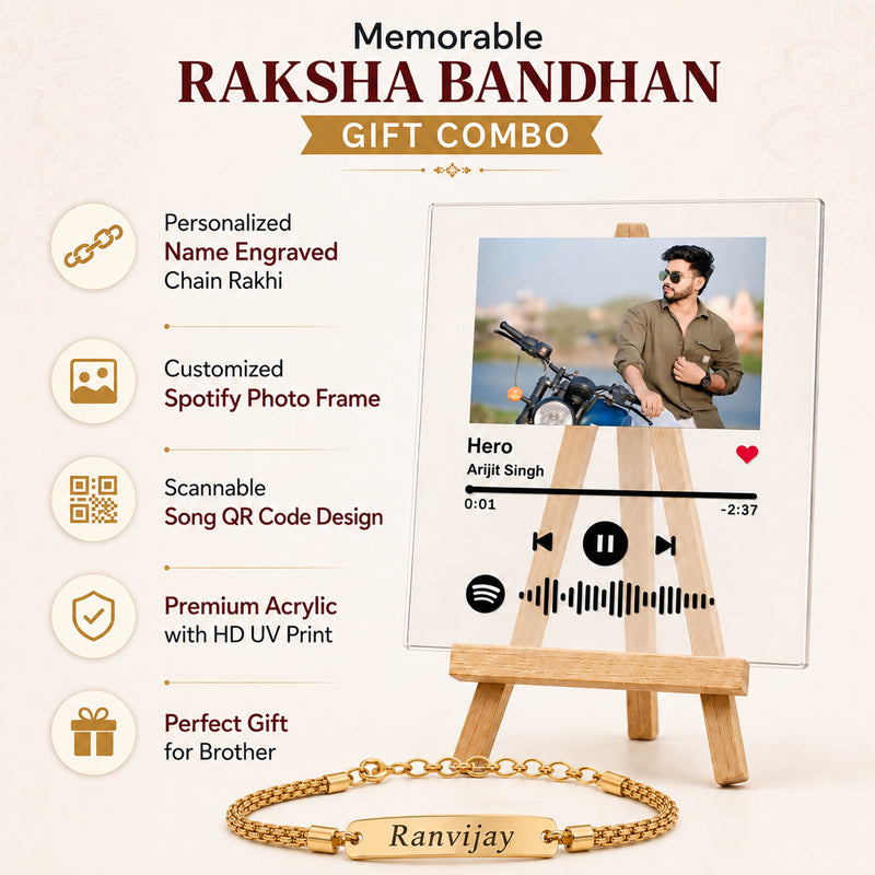 Customized Chain Rakhi with Name Engraving & Customized Spotify Photo Frame with Song Code