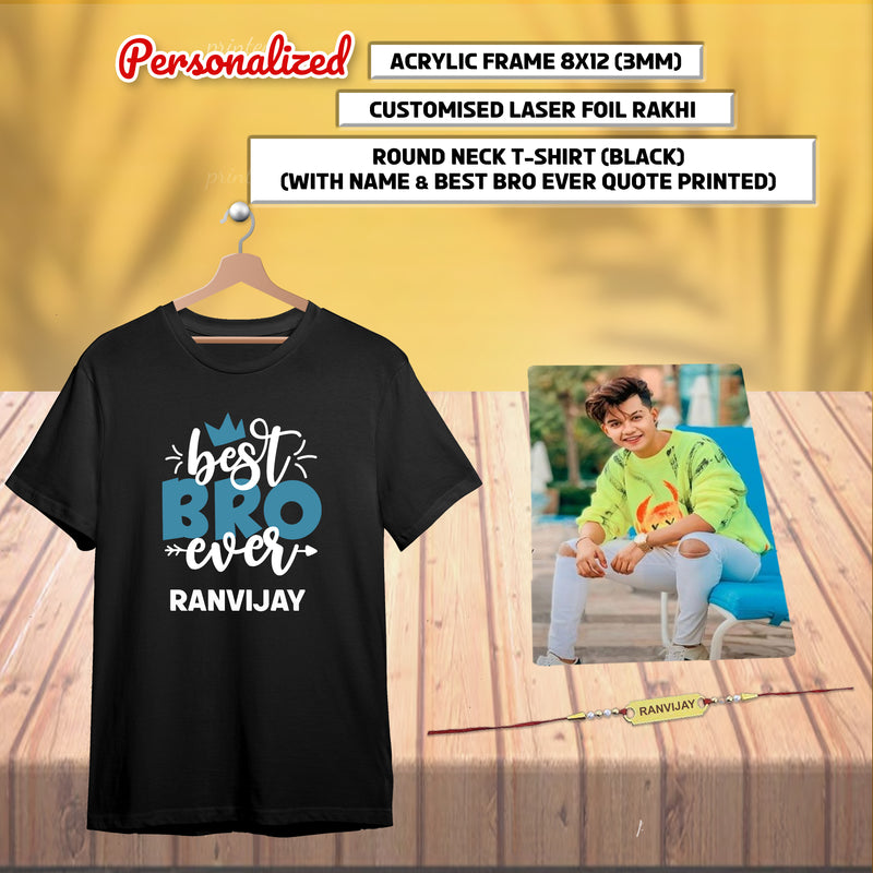 Rakhi Combo: Photo Frame, Name Rakhi & Awesome Bro T-Shirt.