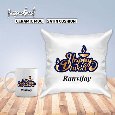 Diwali Gift Set – Custom Mug & Cushion with 'Happy Diwali' Quote & Name
