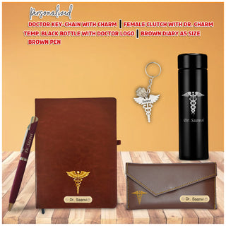 Customized Doctor's Gift Set: Custom Keychain, Bottle, Pen, Clutch & Diary.