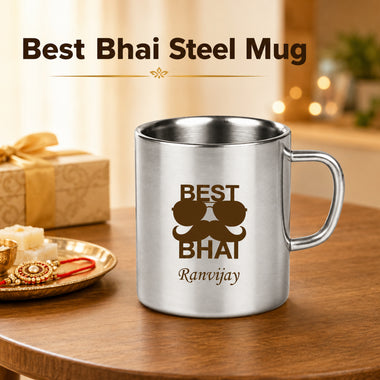Customized Stainless Steel Mug with 'Best Bhai' Quote & design Engraved.