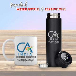 CA Drinkware Combo: Black Bottle & CA Theme Mug with Name.