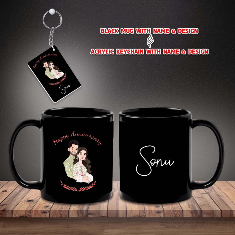 Black Mug & Keychain with Happy Anniversary Quote & Couple Image Printed with Name –