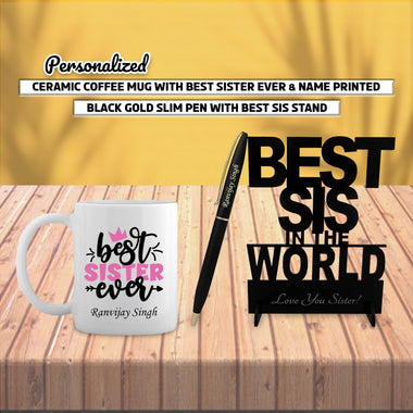 Personalized Rakshabandhan Gift Set: Black Slim Pen with Sis Stand & Ceramic Coffee Mug.