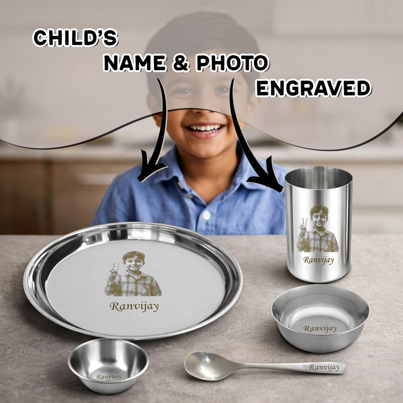 Personalized Stainless Steel Meal Set for Kids –Custom Laser Photo Printed with Name.