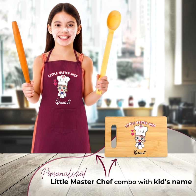Customized Little Master Chef Gift Combo for Kids | Name Printed Apron & Wooden Board