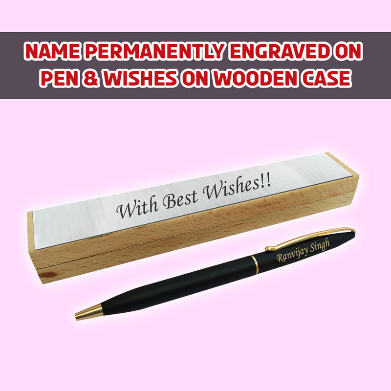 Custom Black-Gold Slim Pen With Wooden Box