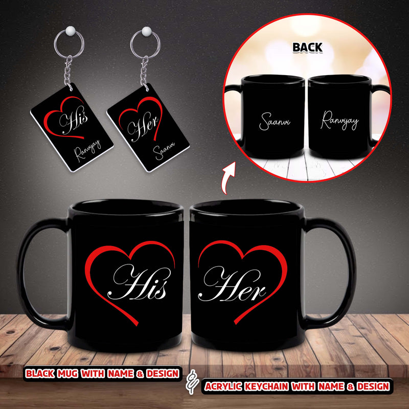 Anniversary Combo-Black Mugs & Keychains (Set of 2) with His & Her Design & Name Printed.