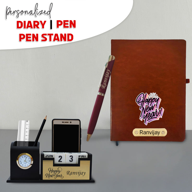 Customized New Year Gift Hamper - Brown Pen, Diary, and Pen Stand