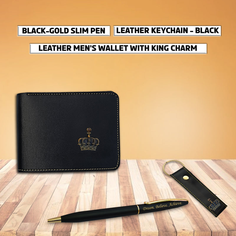 Diwali Gift Set for Men - Leather Wallet, Keychain & King Charm, Quote Engraved Pen