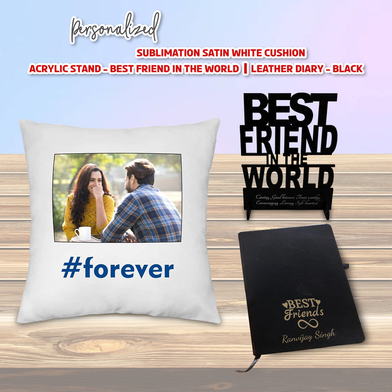 Friendship Day Combo: Satin Cushion, Acrylic Stand, & Engraved Leather Diary