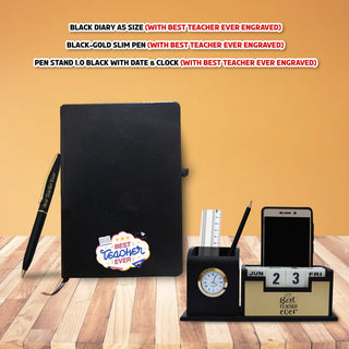 Teacher's Day Gift Set: Engraved Pen, Elegant Stand with Clock, & A5 Diary.