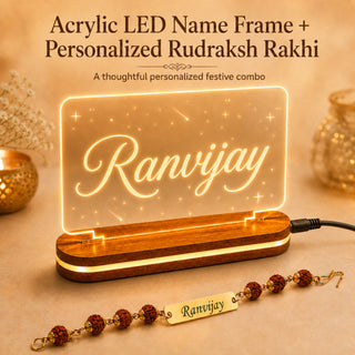 Customized Acrylic LED Photo Frame with Name & Personalized Rudraksha Rakhi for Brother