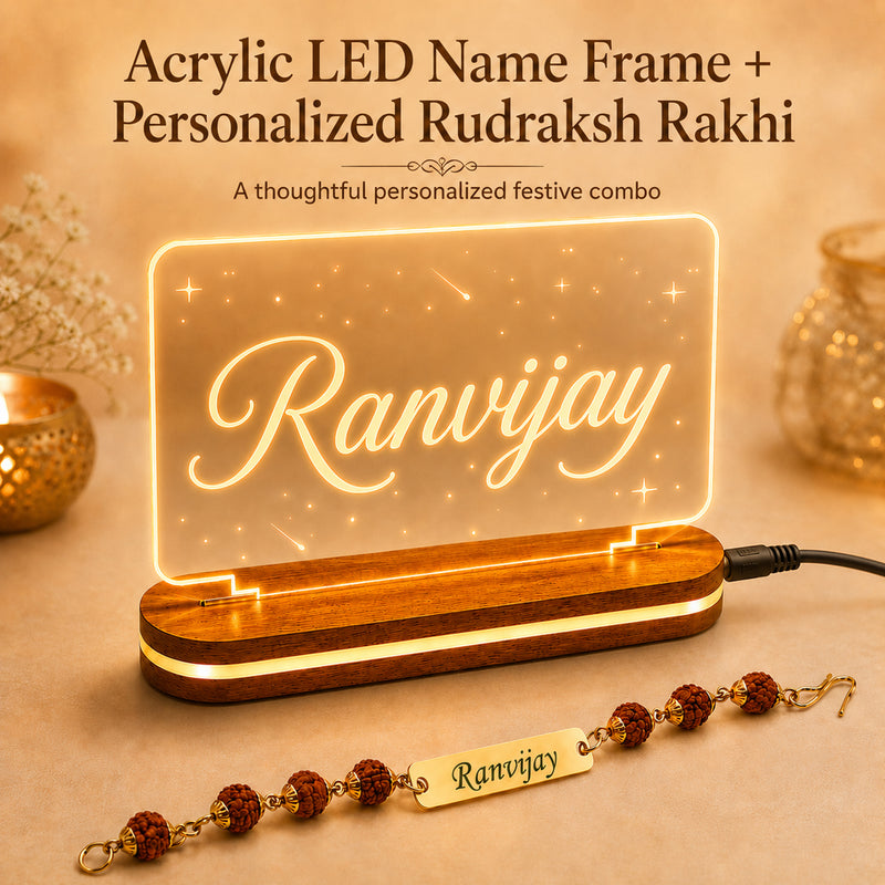 Customized Acrylic LED Photo Frame with Name & Personalized Rudraksha Rakhi for Brother
