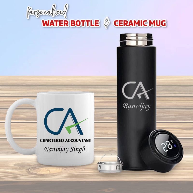 CA Drinkware Combo: Black Bottle & CA Theme Mug with Name.