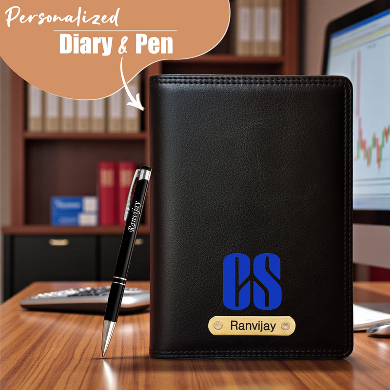 Customized Black Leather Diary with Colored CS Logo Design & Name Engraved Pen.