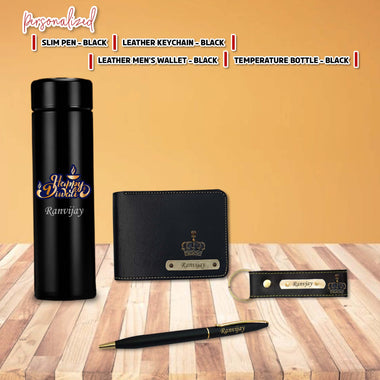 Diwali Gift Set for Men – Leather Wallet, Keychain, Bottle, Custom Pen With Dry Fruits & Diyas.