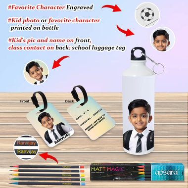 Personalized Kids School Combo – Custom Bottle, Engraved Pencil Set & Name Tag