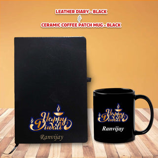 Diwali Gift Set – Black Mug, Leather Diary, Jar & Diyas – Custom Engraved