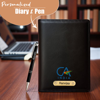 Customized Black Leather Diary with Colored CA Logo Design & Name Engraved Pen.