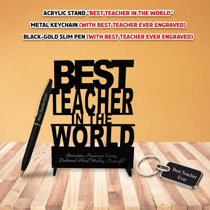 Premium Teacher Gift Set: Engraved Keychain, Elegant Pen & Acrylic Stand