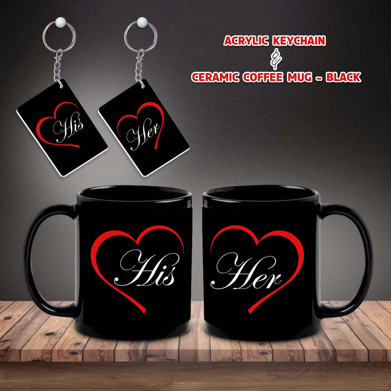 Anniversary Combo – Black Mugs & Keychain (Set of 2) with 'His & her' Design Printed.