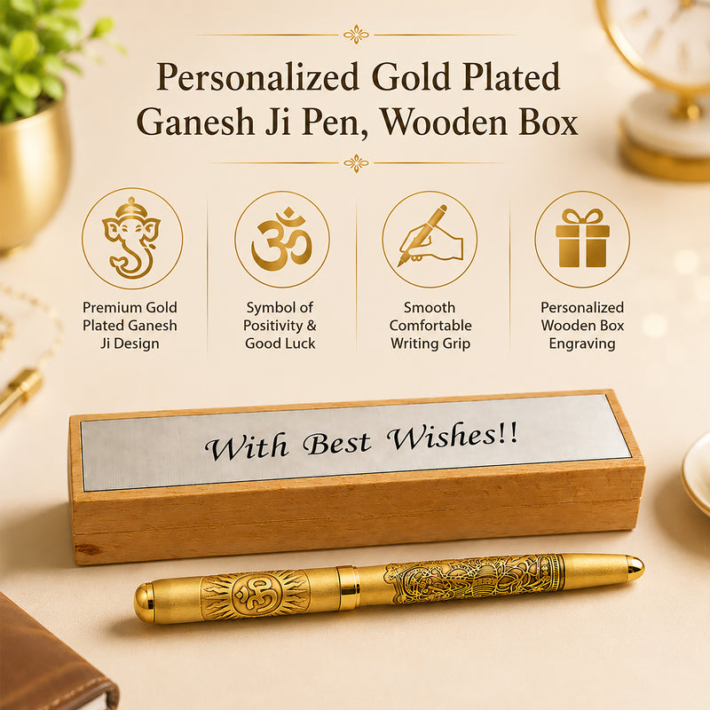 Customized Gold Plated Ganesh Ji Pen with Wooden Gift Case & Custom Message