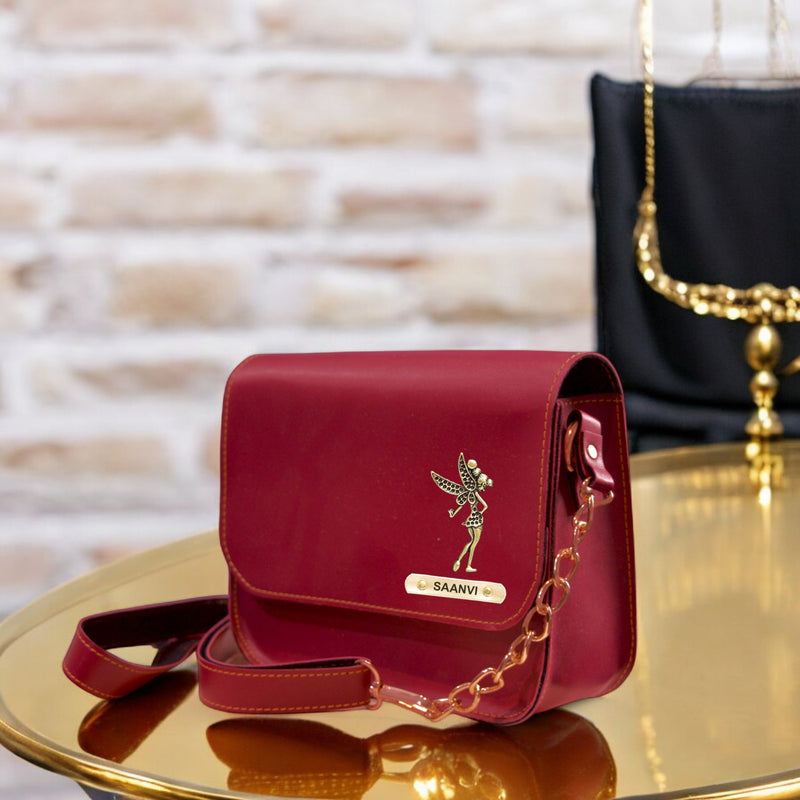 Personalized Leather Chain Sling Bag with Name & Elegant Charm for Women