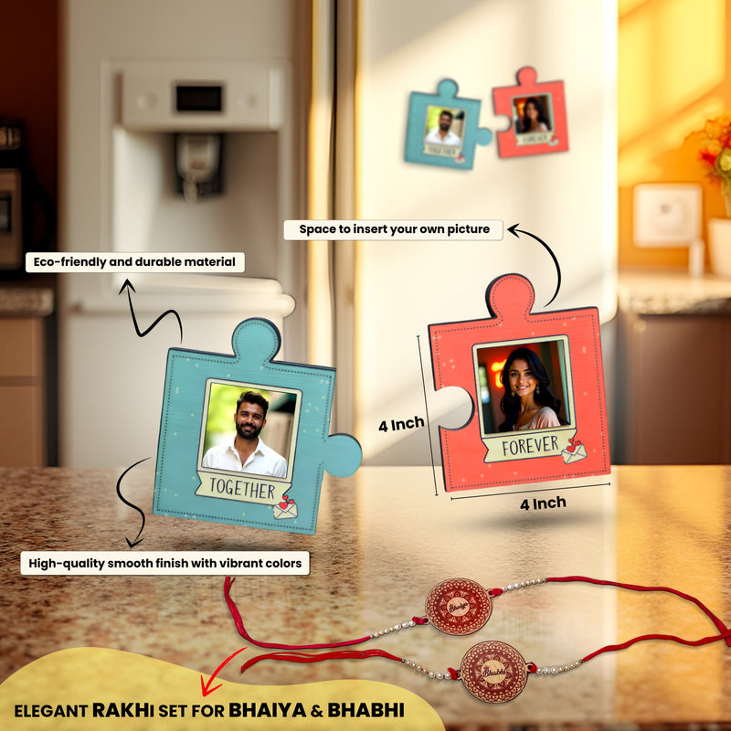 Personalized Bhaiya Bhabhi Rakhi Combo – Photo Puzzle Magnet & Printed Mug Set with Rakhi
