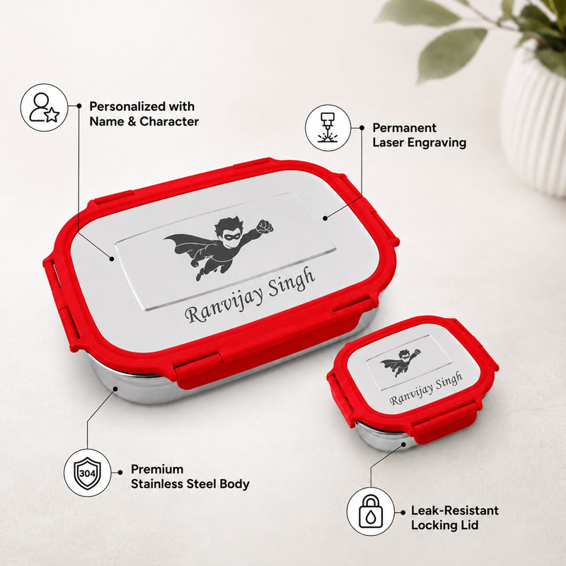 Customized Kids Lunch Box with Name and Cartoon Character Engraved.