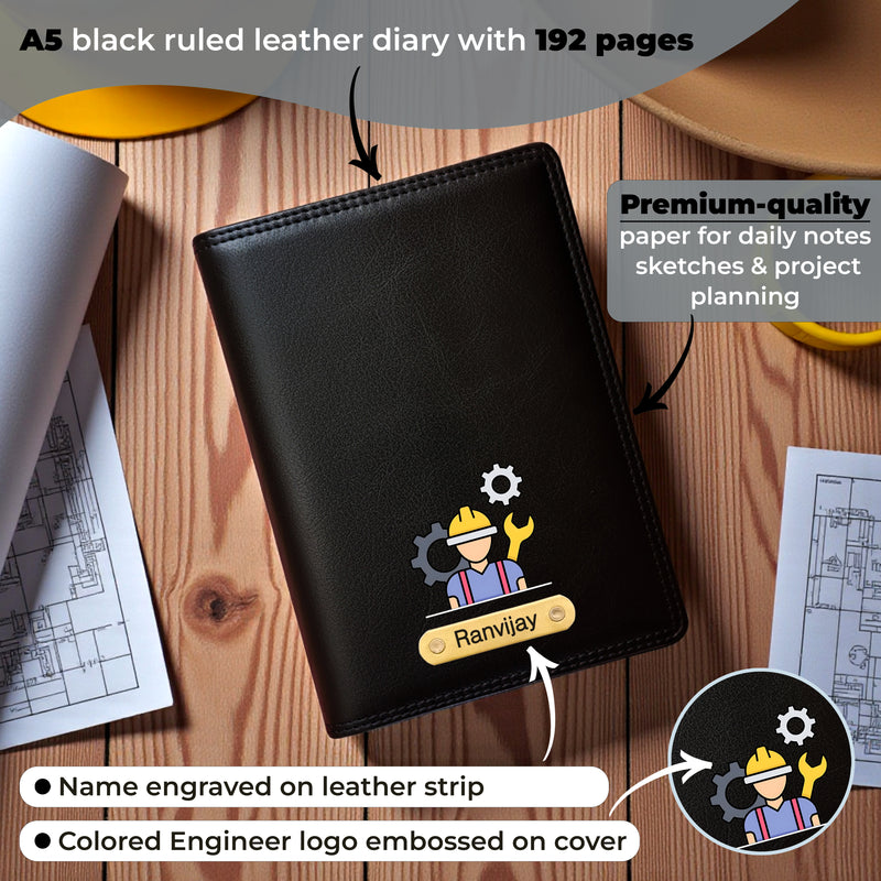 Customized Black Leather Diary with Coloured Engineer Logo & Name Engraved Pen.