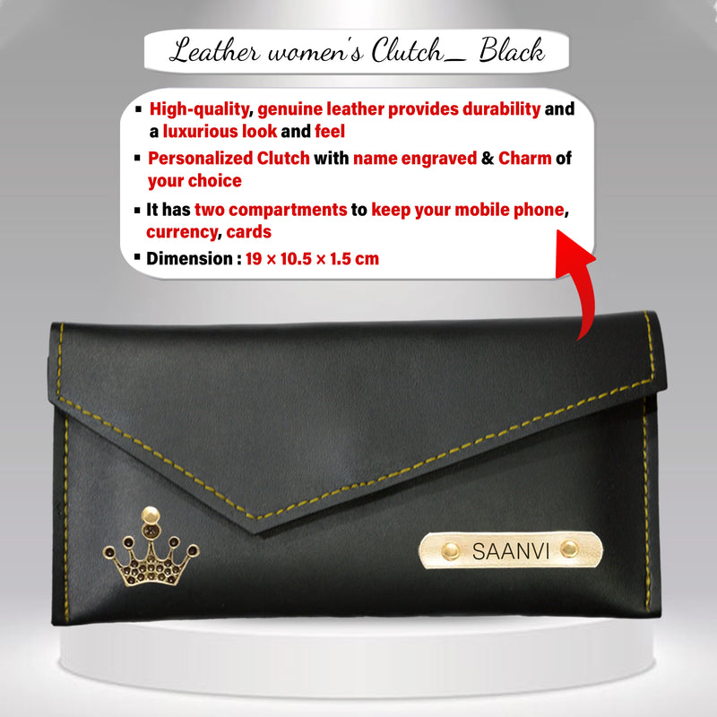 Rakhi Combo: Leather Clutch & Name Engraved Rudraksh Rakhi.