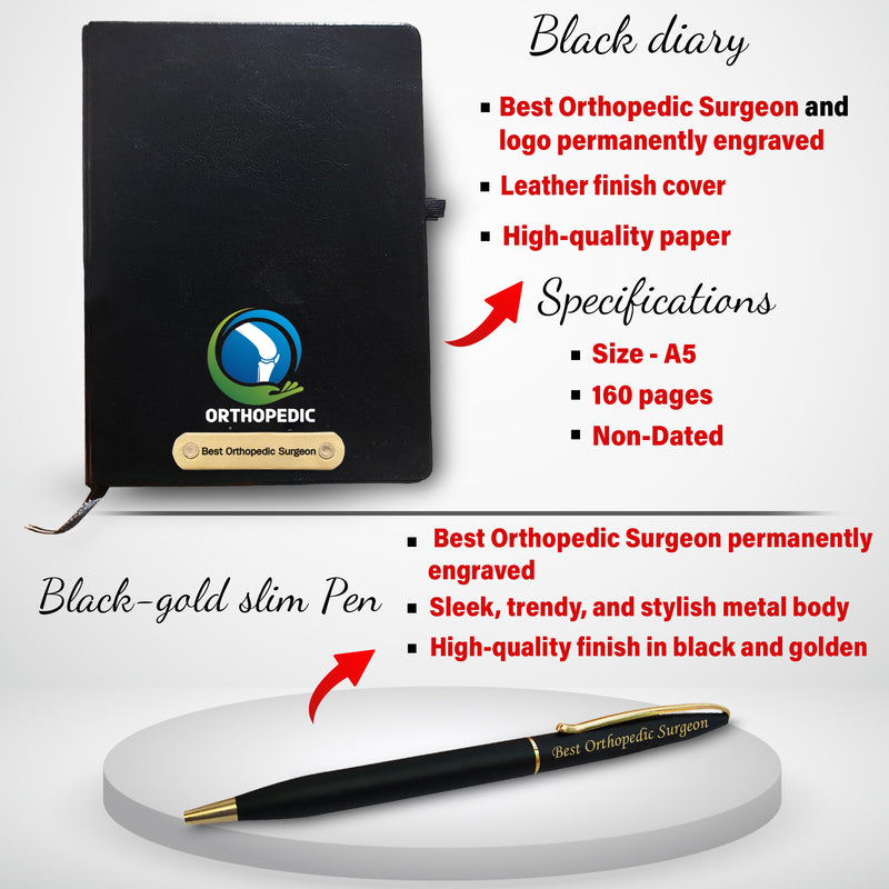 Orthopedic Combo-  Bottle & Diary with Orthopedic Logo & Pen Engraved with 'Best Orthopedic Surgeon' Engraved.